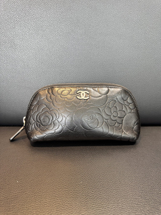 Chanel - Camellia Cosmetic Pouch - Leather - Black - (mini)