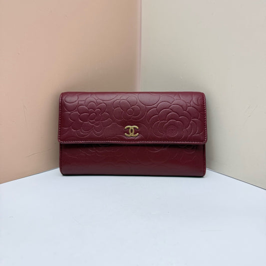Chanel - Camellia Flap Wallet - Leather - Burgundy - (medium)