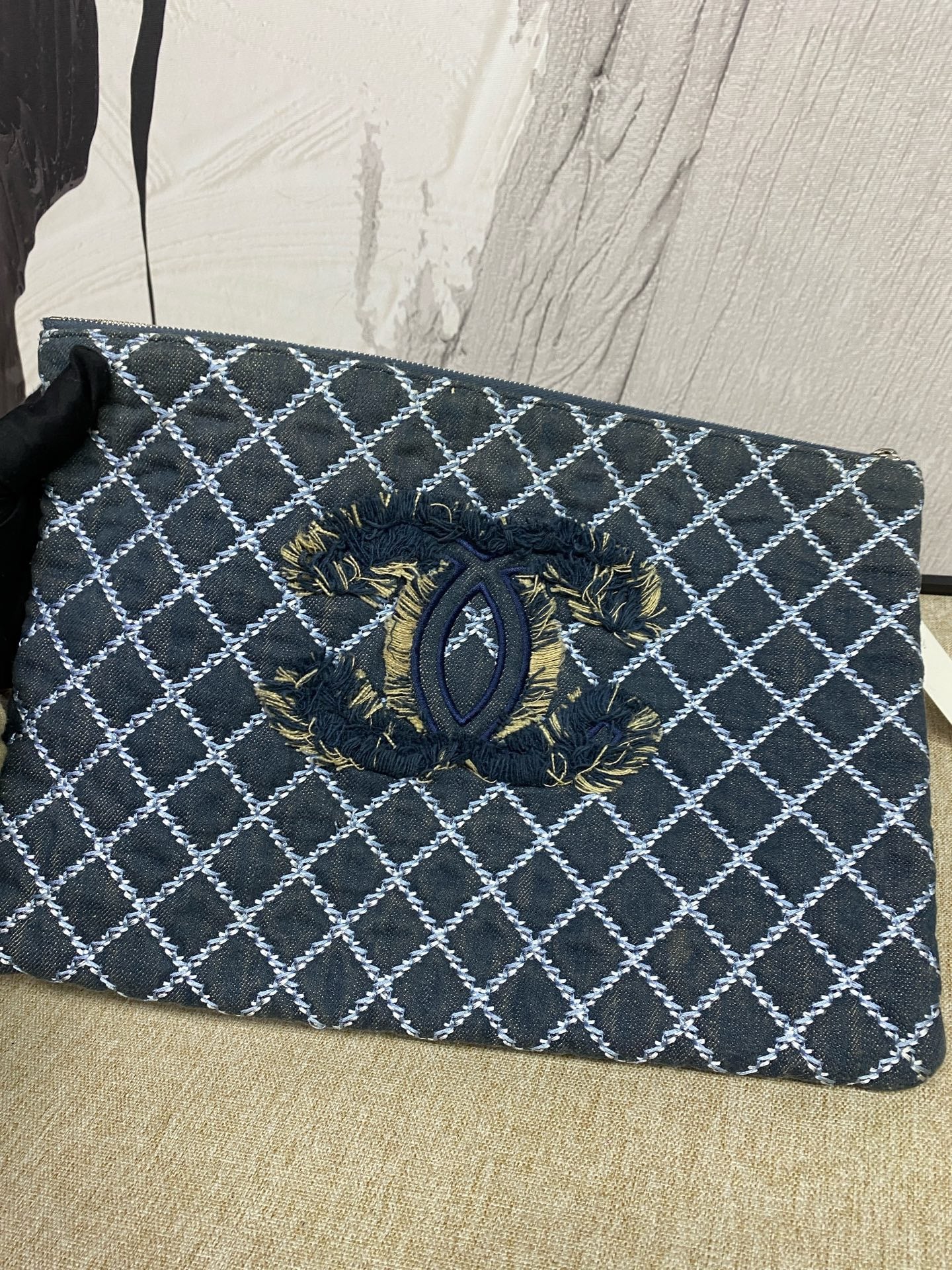 Chanel - Chanel Outer Stitch Canvas Clutch - Canvas - Blue - (Medium)
