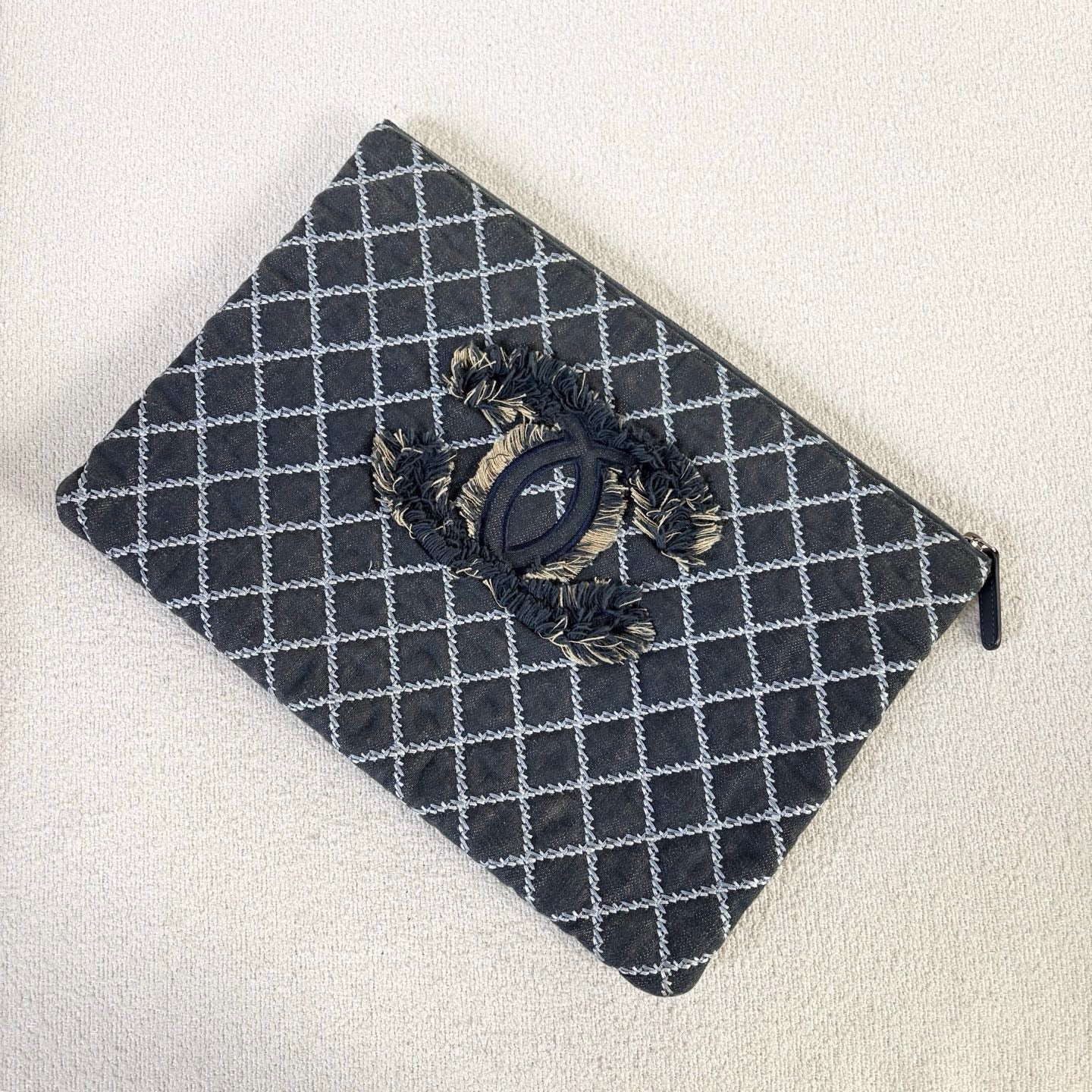 Chanel - Chanel Quilted Canvas Outerstitch Frayed CC Clutch Bag - Canvas - Black - (Medium)