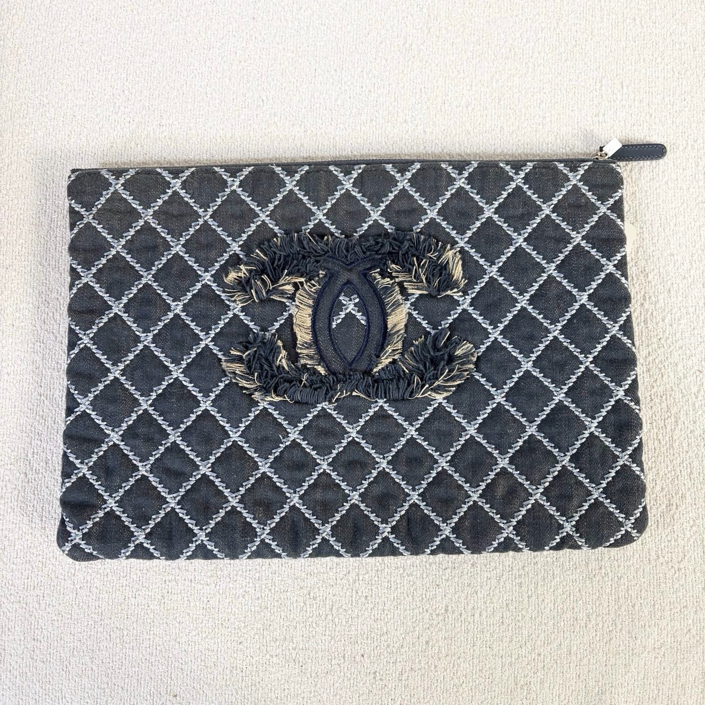 Chanel - Chanel Quilted Canvas Outerstitch Frayed CC Clutch Bag - Canvas - Black - (Medium)