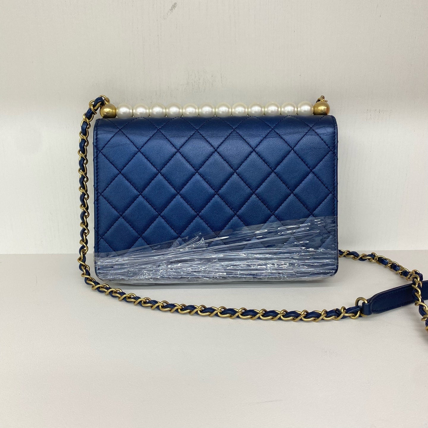 Chanel - Classic Flap Horizontal Pearl Bag - Metallic lambskin leather - Dark Blue with Gold-Tone Hardware - (mini)