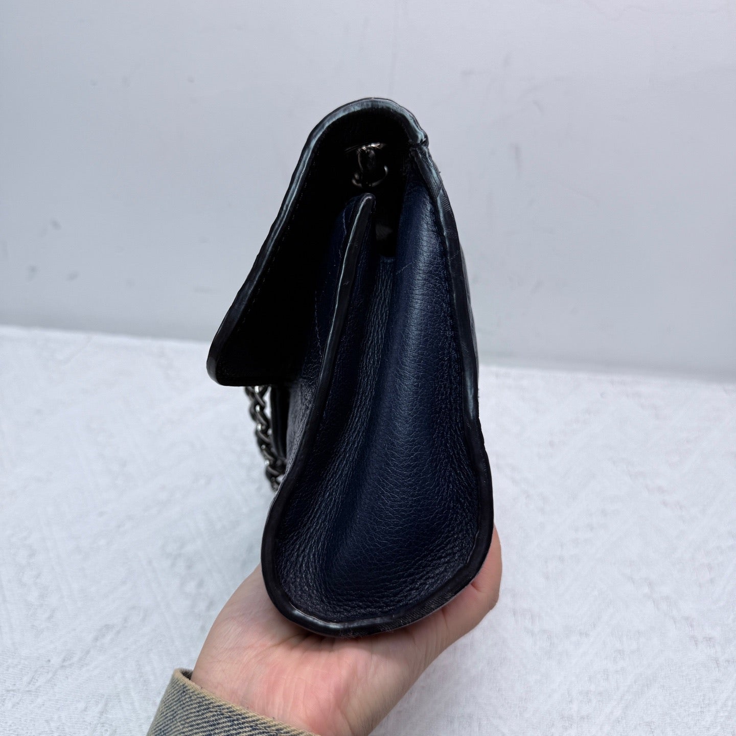 Chanel - Classic Flap - Lambskin and grained calfskin leather - Deep Blue and Black with Silver-Tone Hardware - (small)