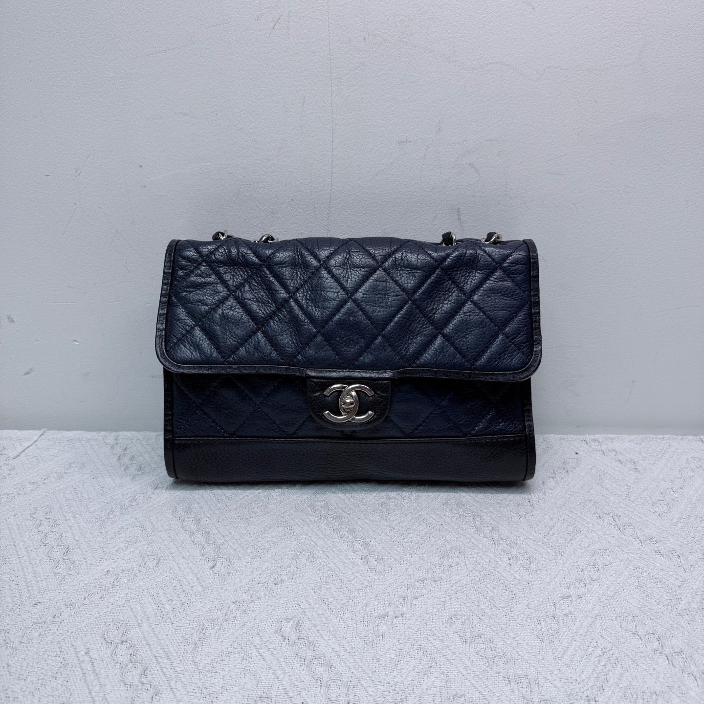 Chanel - Classic Flap - Lambskin and grained calfskin leather - Deep Blue and Black with Silver-Tone Hardware - (small)