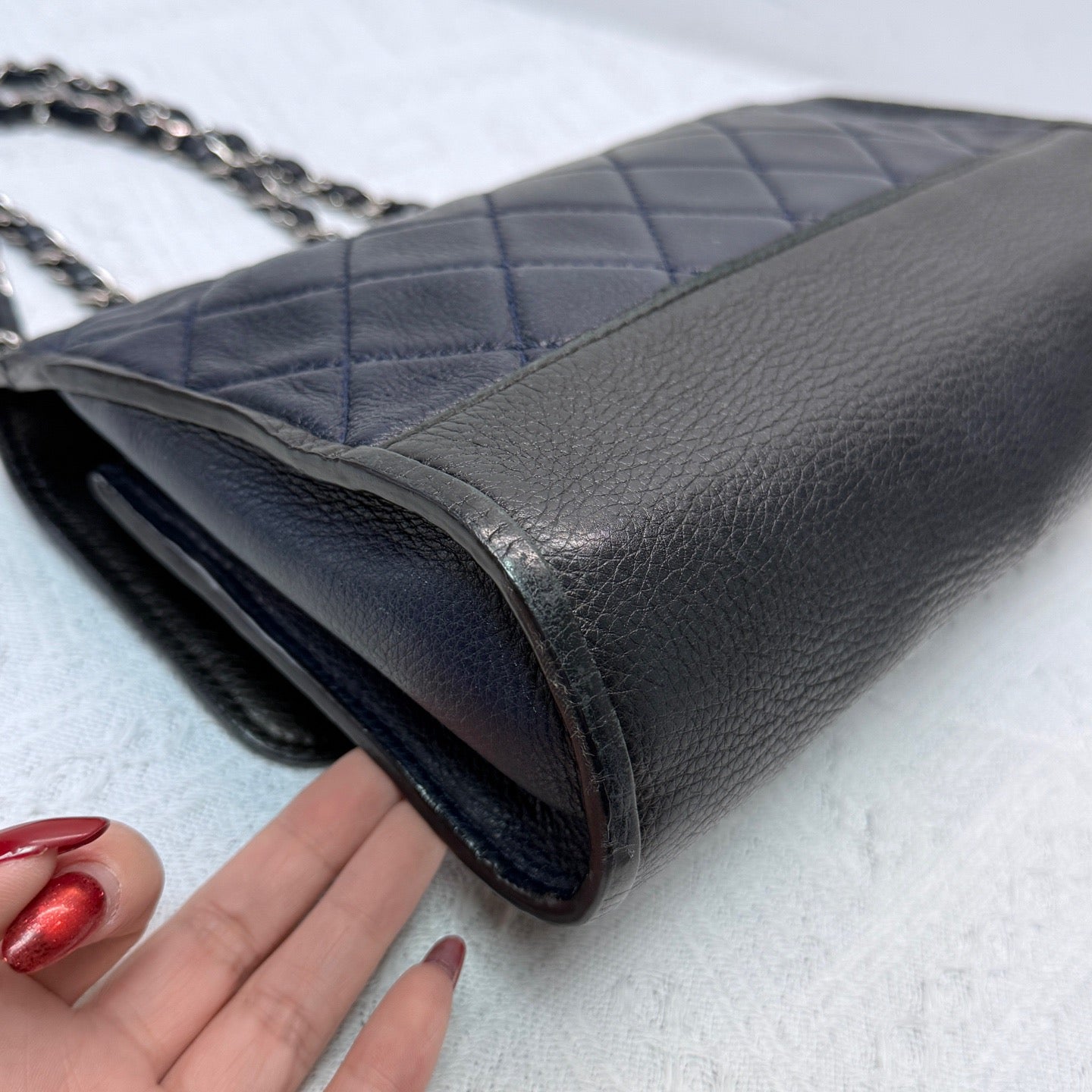 Chanel - Classic Flap - Lambskin and grained calfskin leather - Deep Blue and Black with Silver-Tone Hardware - (small)