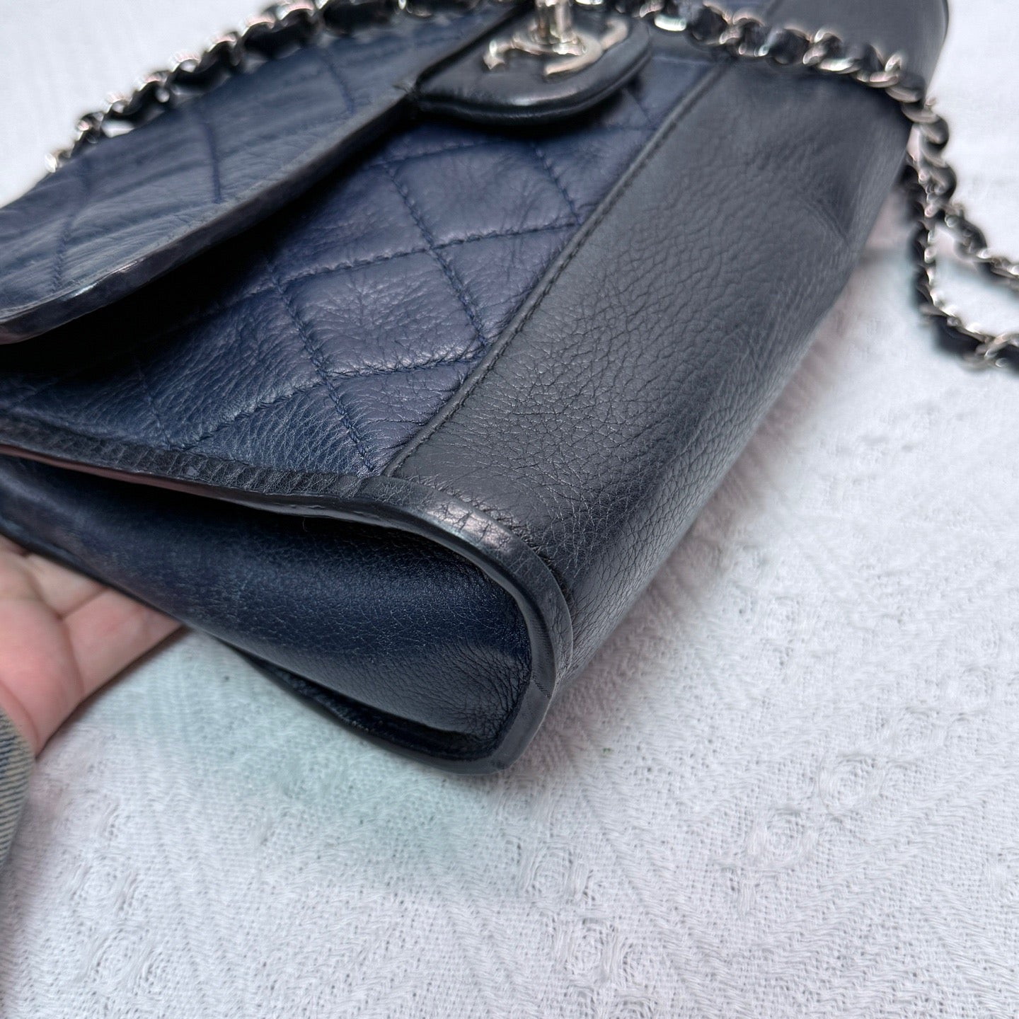 Chanel - Classic Flap - Lambskin and grained calfskin leather - Deep Blue and Black with Silver-Tone Hardware - (small)