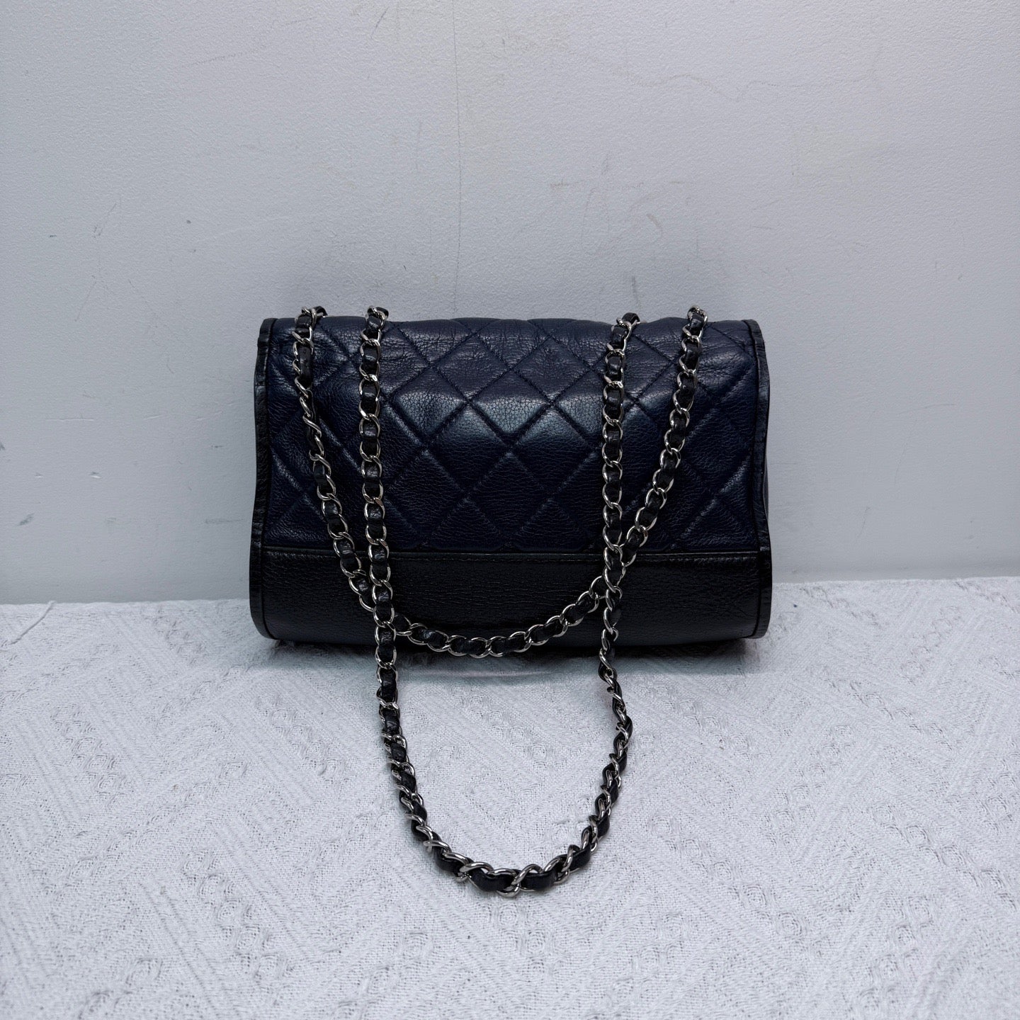 Chanel - Classic Flap - Lambskin and grained calfskin leather - Deep Blue and Black with Silver-Tone Hardware - (small)