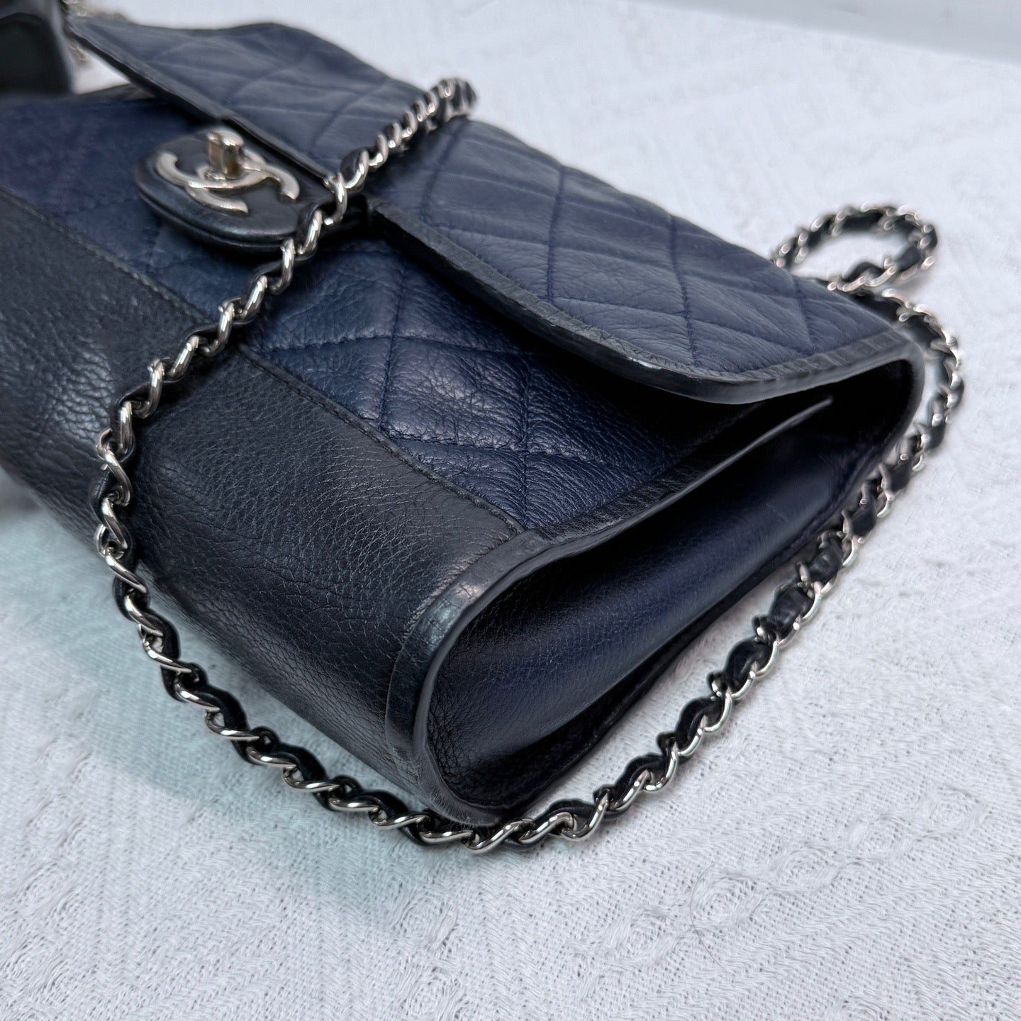 Chanel - Classic Flap - Lambskin and grained calfskin leather - Deep Blue and Black with Silver-Tone Hardware - (small)