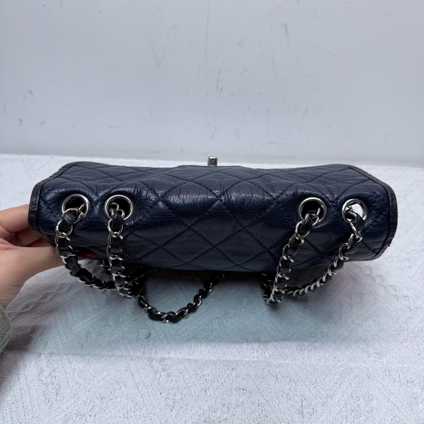 Chanel - Classic Flap - Lambskin and grained calfskin leather - Deep Blue and Black with Silver-Tone Hardware - (small)