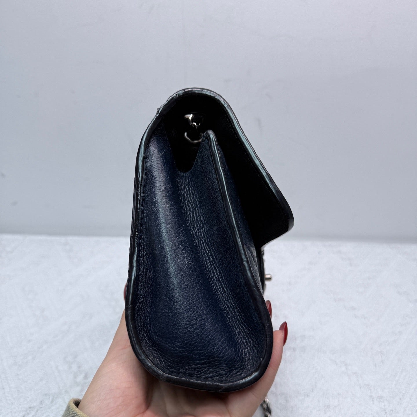 Chanel - Classic Flap - Lambskin and grained calfskin leather - Deep Blue and Black with Silver-Tone Hardware - (small)