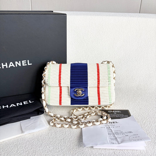 Chanel - Classic Flap Mini (Pleated Striped Textile) - Woven textile and lambskin leather - Red, White, and Blue with Gold-Tone Hardware - (Mini)