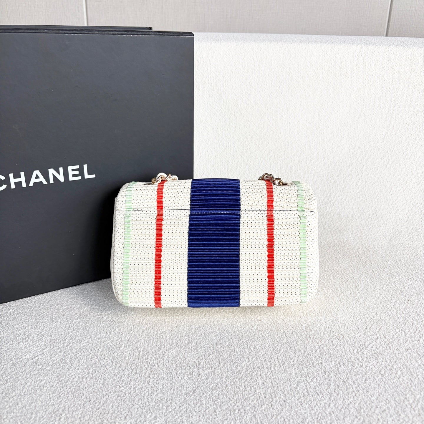 Chanel - Classic Flap Mini (Pleated Striped Textile) - Woven textile and lambskin leather - Red, White, and Blue with Gold-Tone Hardware - (Mini)