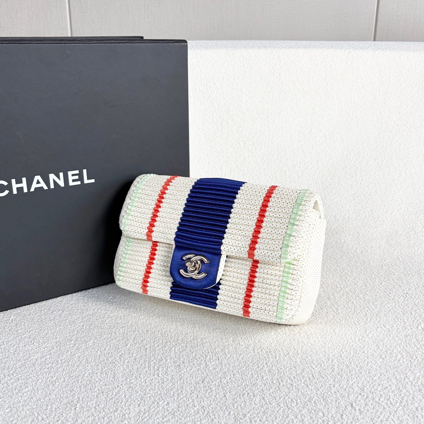 Chanel - Classic Flap Mini (Pleated Striped Textile) - Woven textile and lambskin leather - Red, White, and Blue with Gold-Tone Hardware - (Mini)