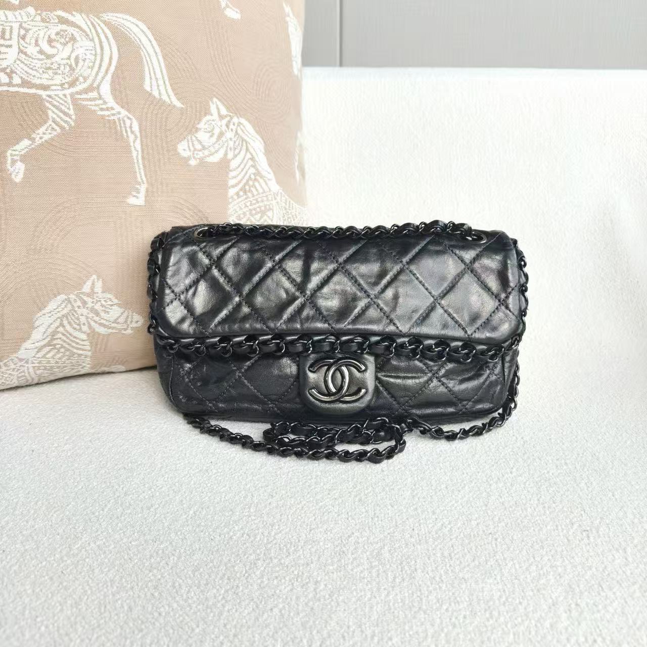 Chanel - Classic Flap Piped Chain - Oiled leather - Dark Grey with Silver-Tone Hardware - (small)