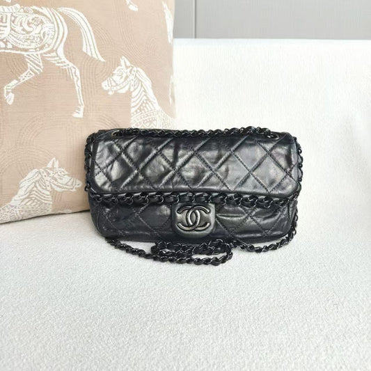 Chanel - Classic Flap Piped Chain - Oiled leather - Dark Grey with Silver-Tone Hardware - (small)