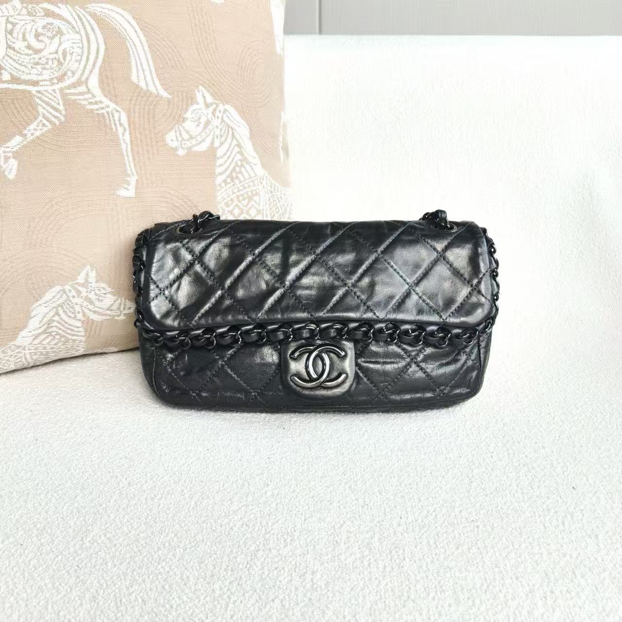 Chanel - Classic Flap Piped Chain - Oiled leather - Dark Grey with Silver-Tone Hardware - (small)