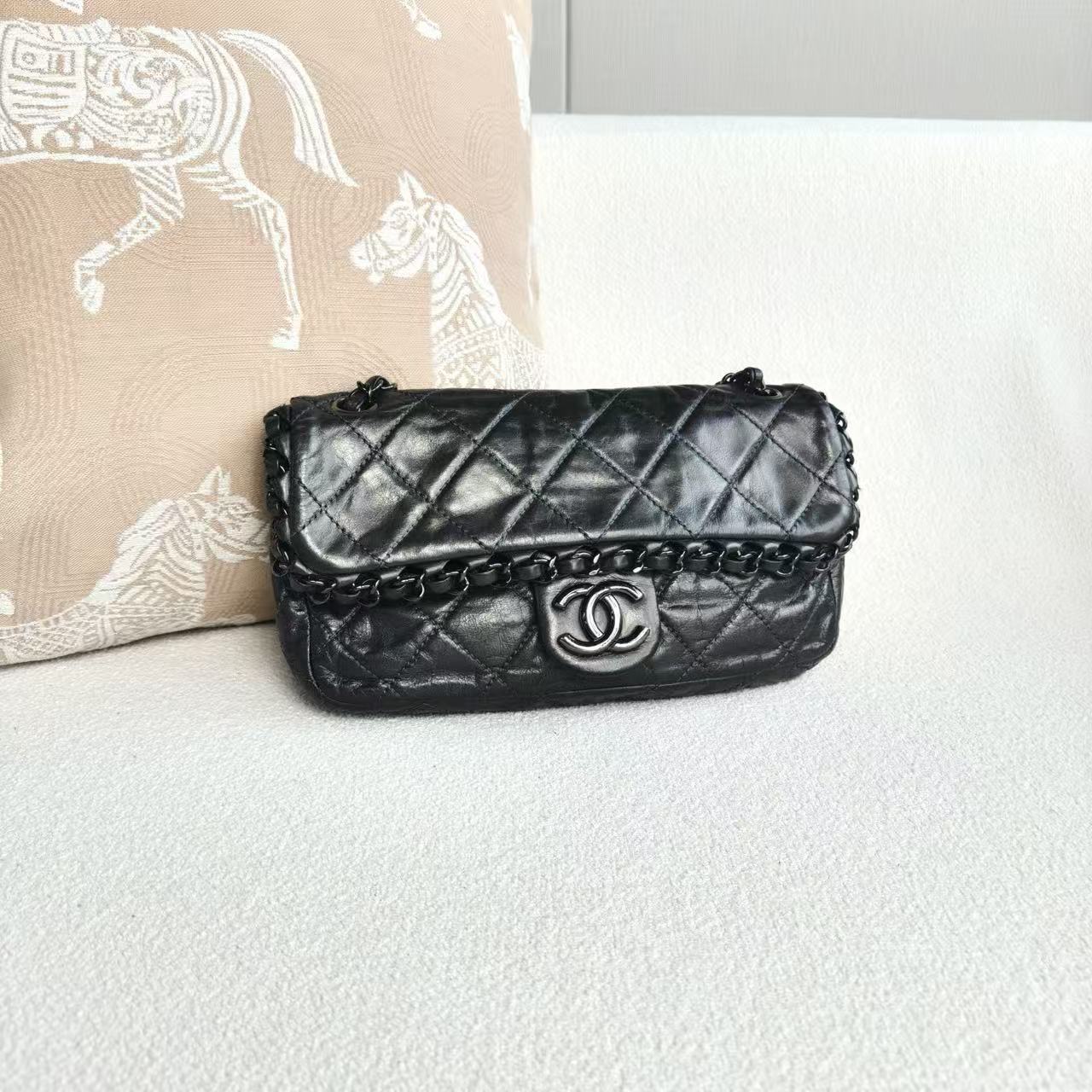 Chanel - Classic Flap Piped Chain - Oiled leather - Dark Grey with Silver-Tone Hardware - (small)