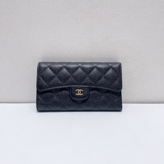 Chanel - Classic Flap Trifold Wallet - Grained calfskin leather - Black with Gold-Tone Hardware - (Small)