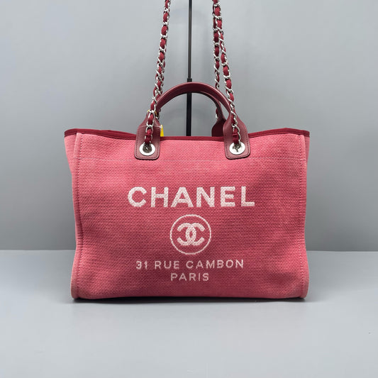 Chanel - Deauville Tote - Canvas with Leather trim - Watermelon Red - (Large)