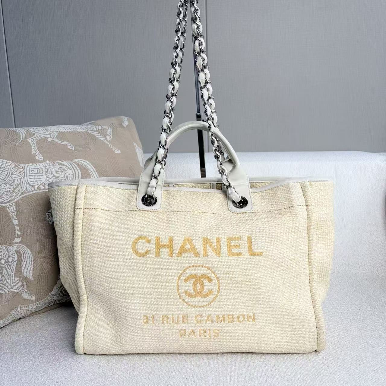 Chanel - Deauville Tote - Raffia woven with leather trim - Light Yellow with Silver-Tone Hardware - (Medium)