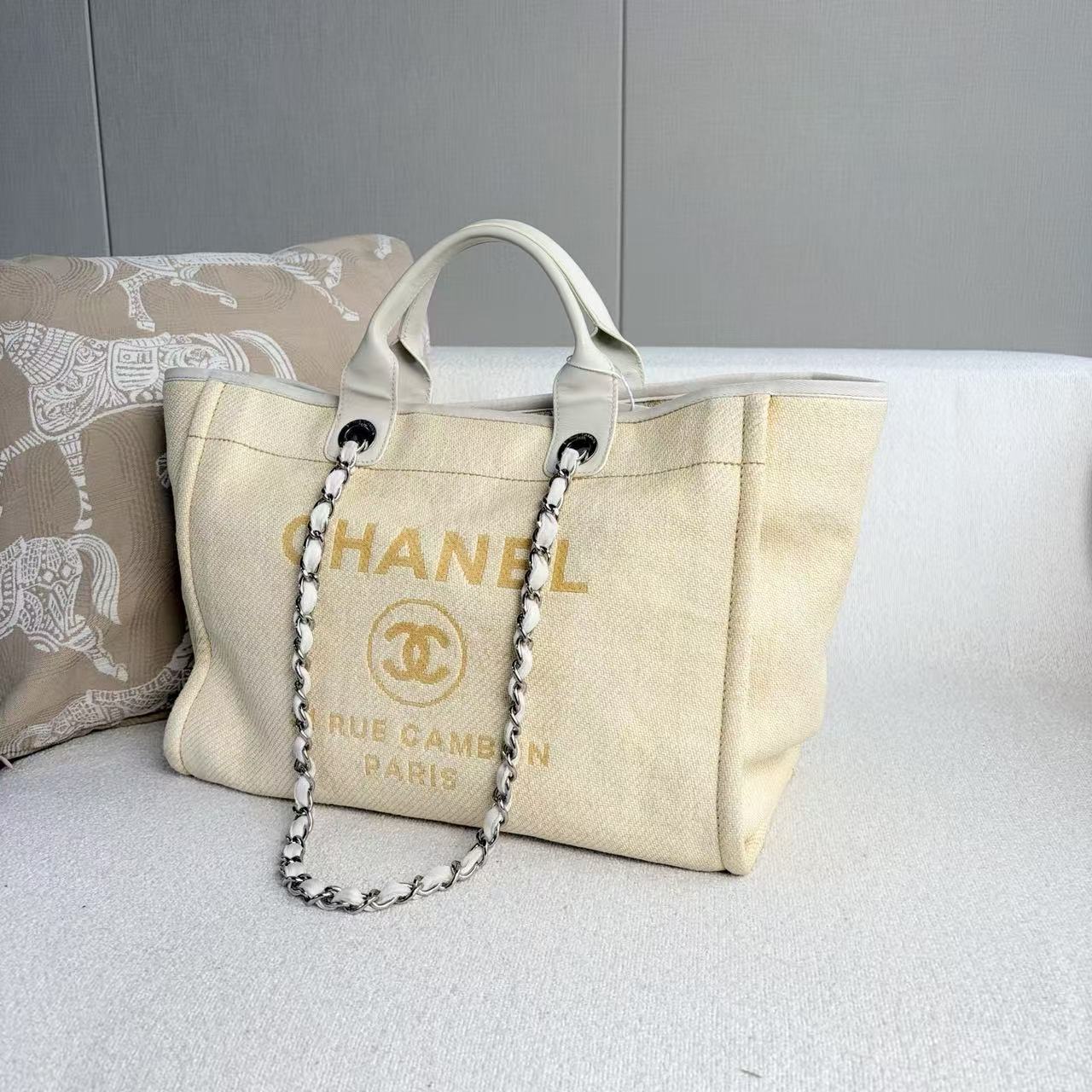 Chanel - Deauville Tote - Raffia woven with leather trim - Light Yellow with Silver-Tone Hardware - (Medium)