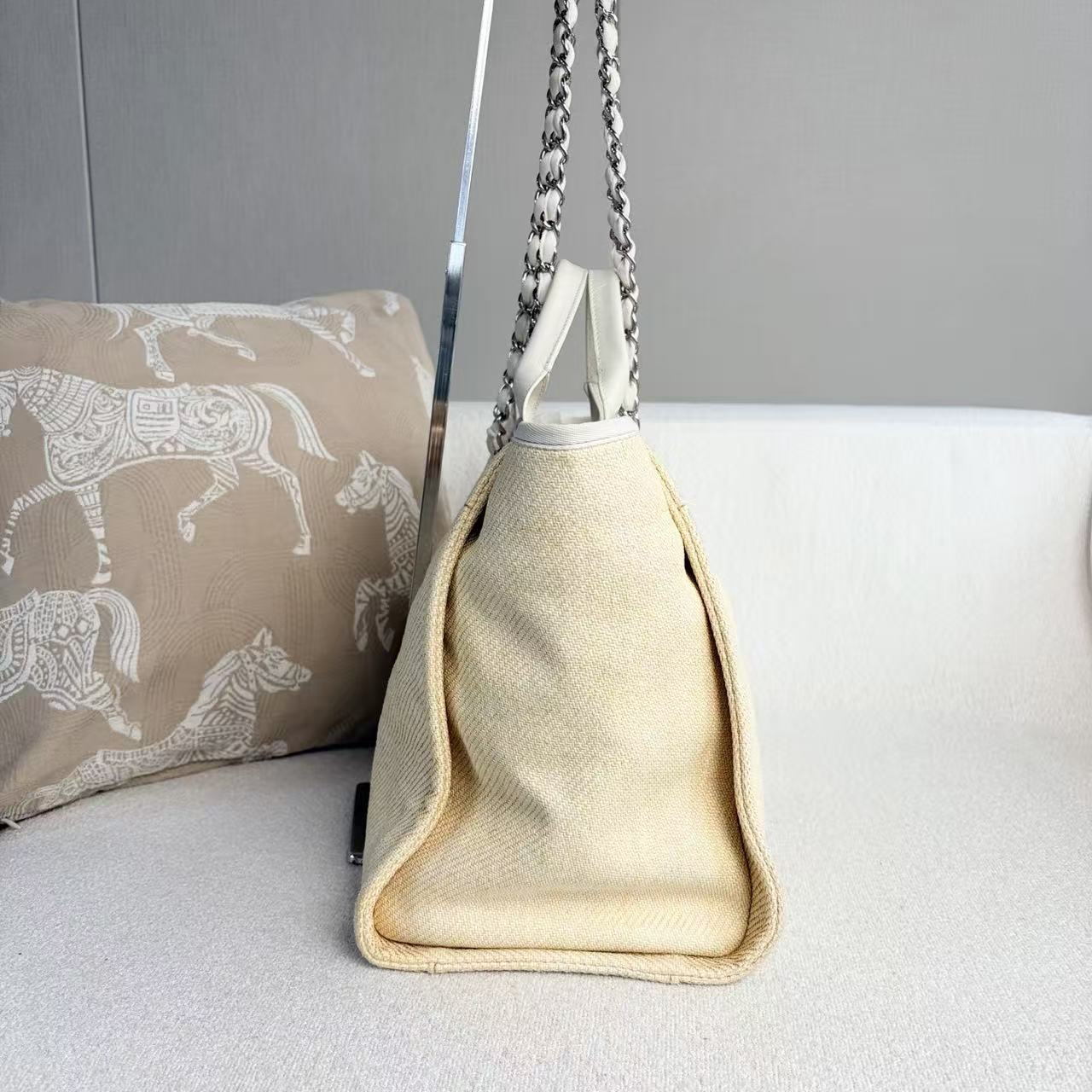 Chanel - Deauville Tote - Raffia woven with leather trim - Light Yellow with Silver-Tone Hardware - (Medium)