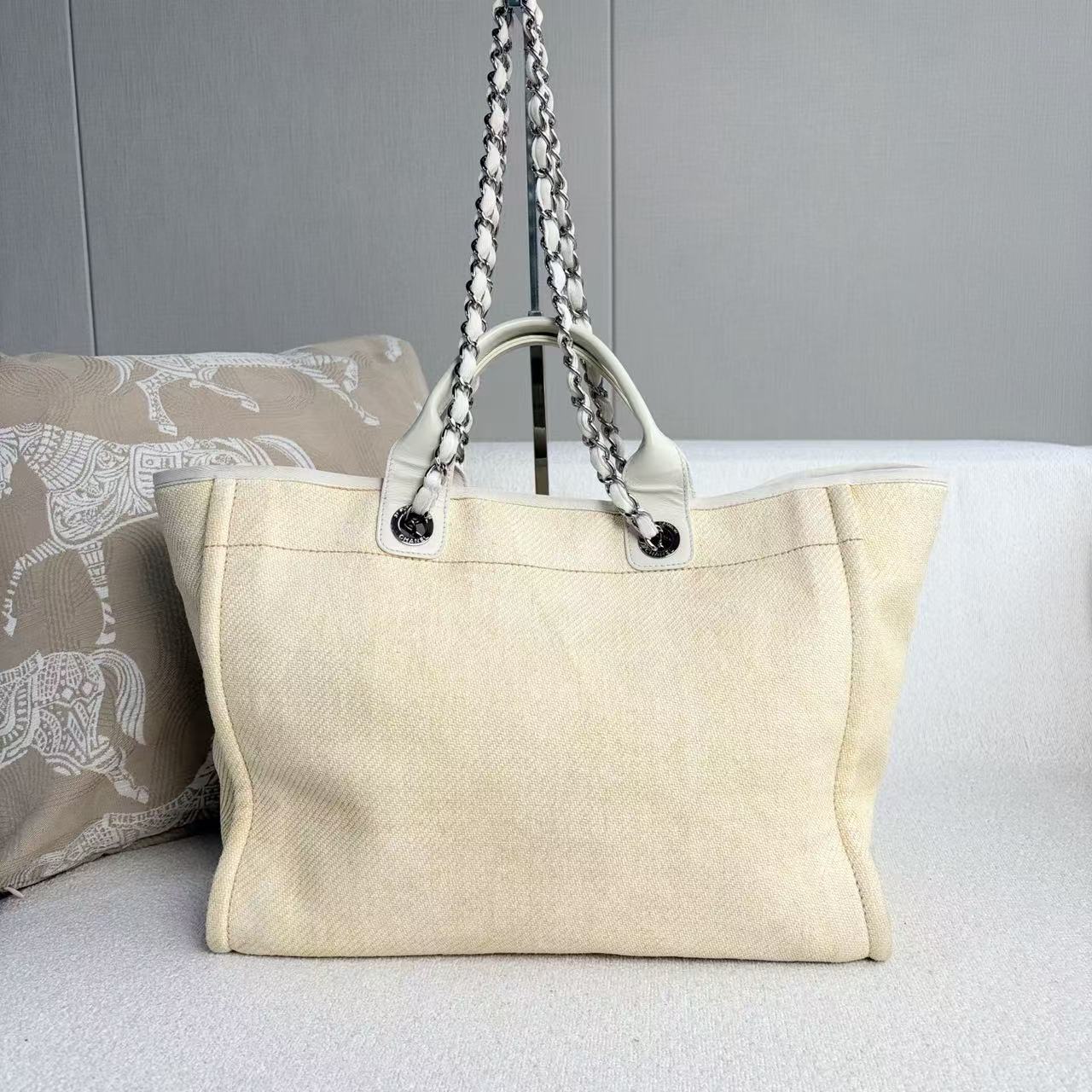 Chanel - Deauville Tote - Raffia woven with leather trim - Light Yellow with Silver-Tone Hardware - (Medium)