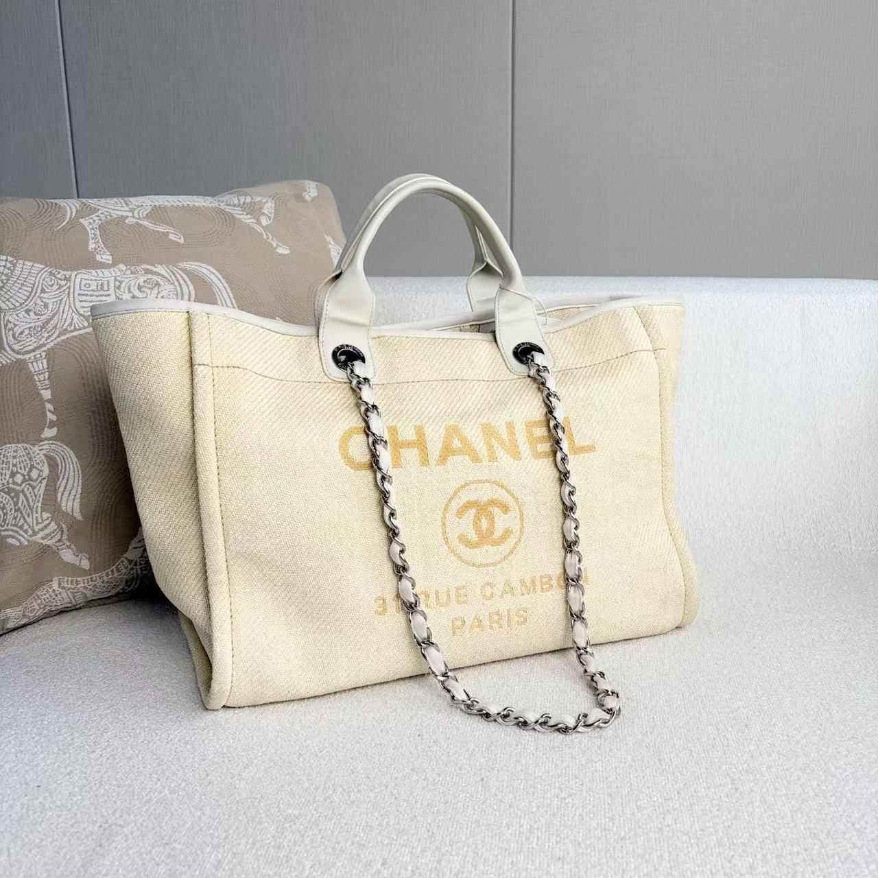 Chanel - Deauville Tote - Raffia woven with leather trim - Light Yellow with Silver-Tone Hardware - (Medium)