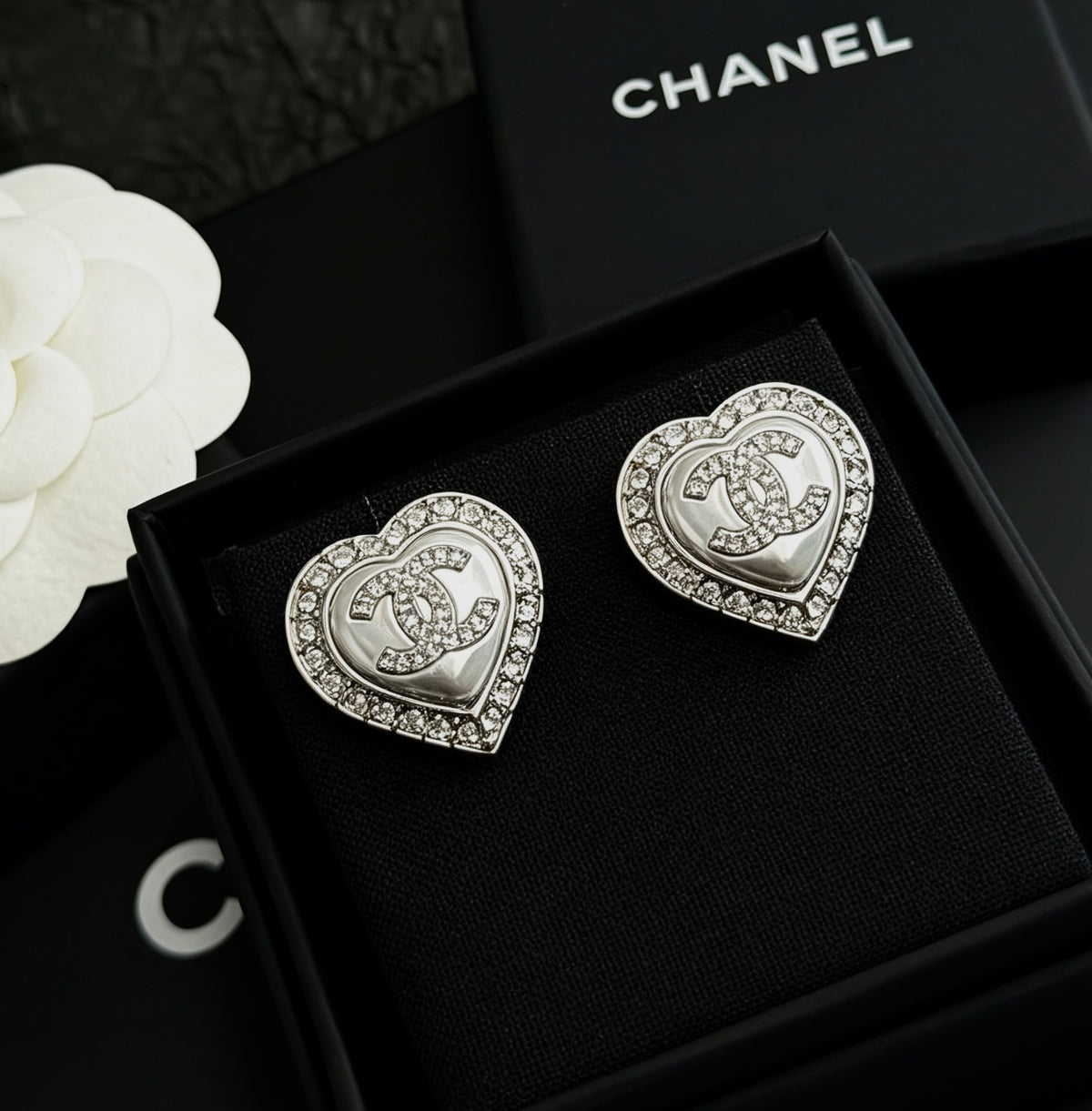 Chanel - Double C Heart 23B - Silver-tone metal with clear crystal embellishments and a pearlescent heart-shaped center. - Silver