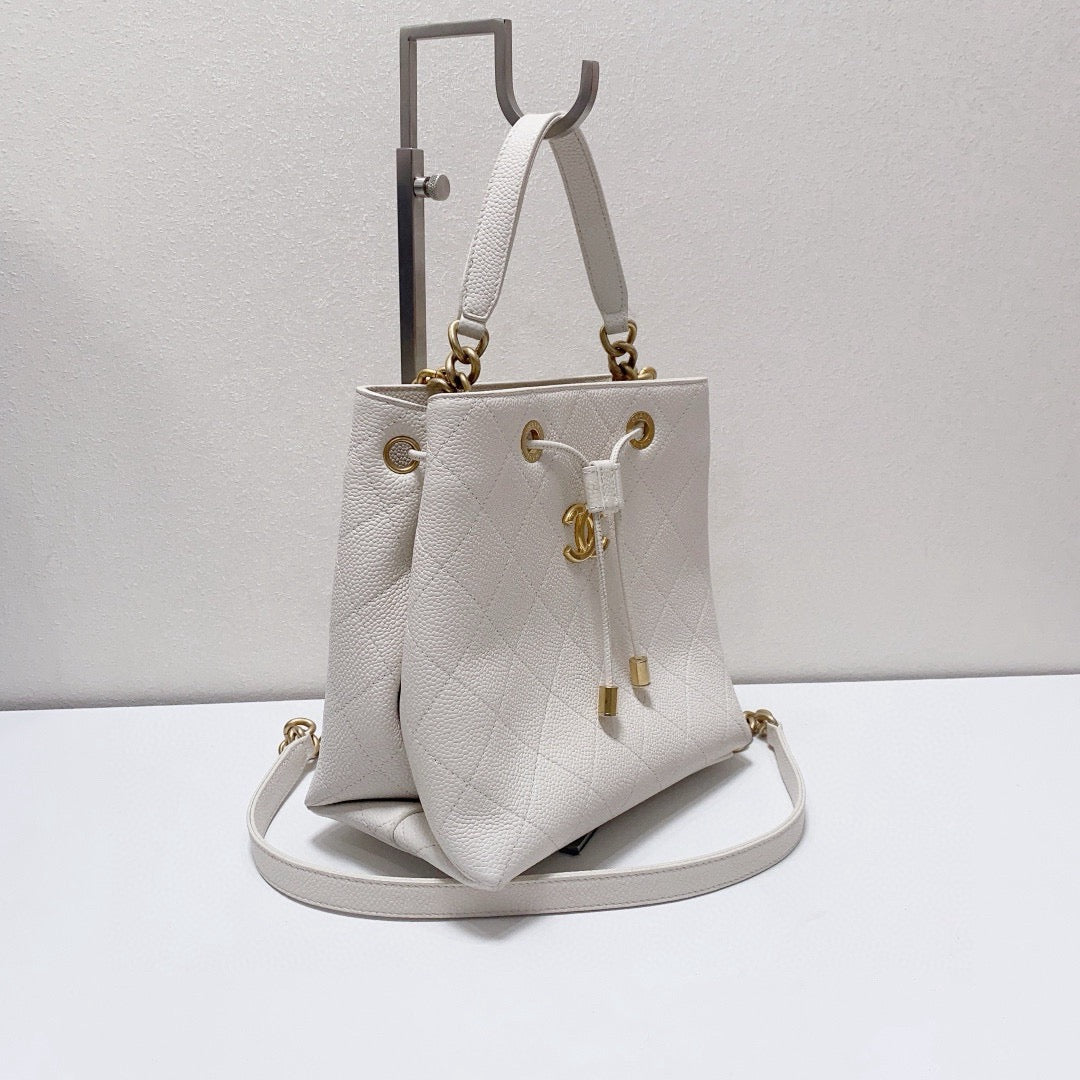 Chanel - Drawstring Bucket Bag - Caviar leather - White - (medium)