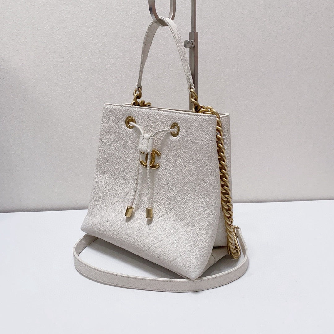 Chanel - Drawstring Bucket Bag - Caviar leather - White - (medium)