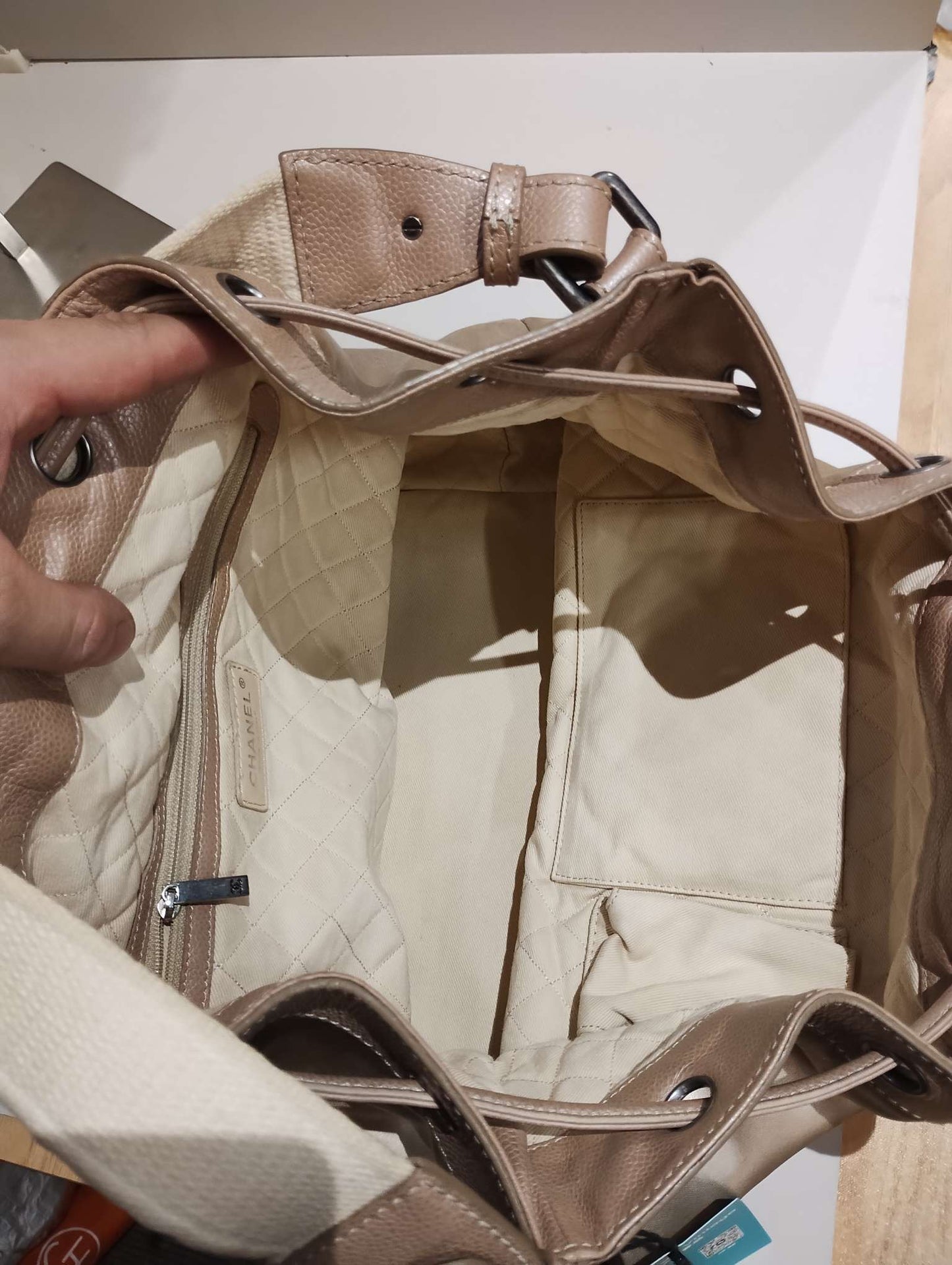 Chanel - Drawstring Bucket Bag - Fabric - Beige - (Medium)