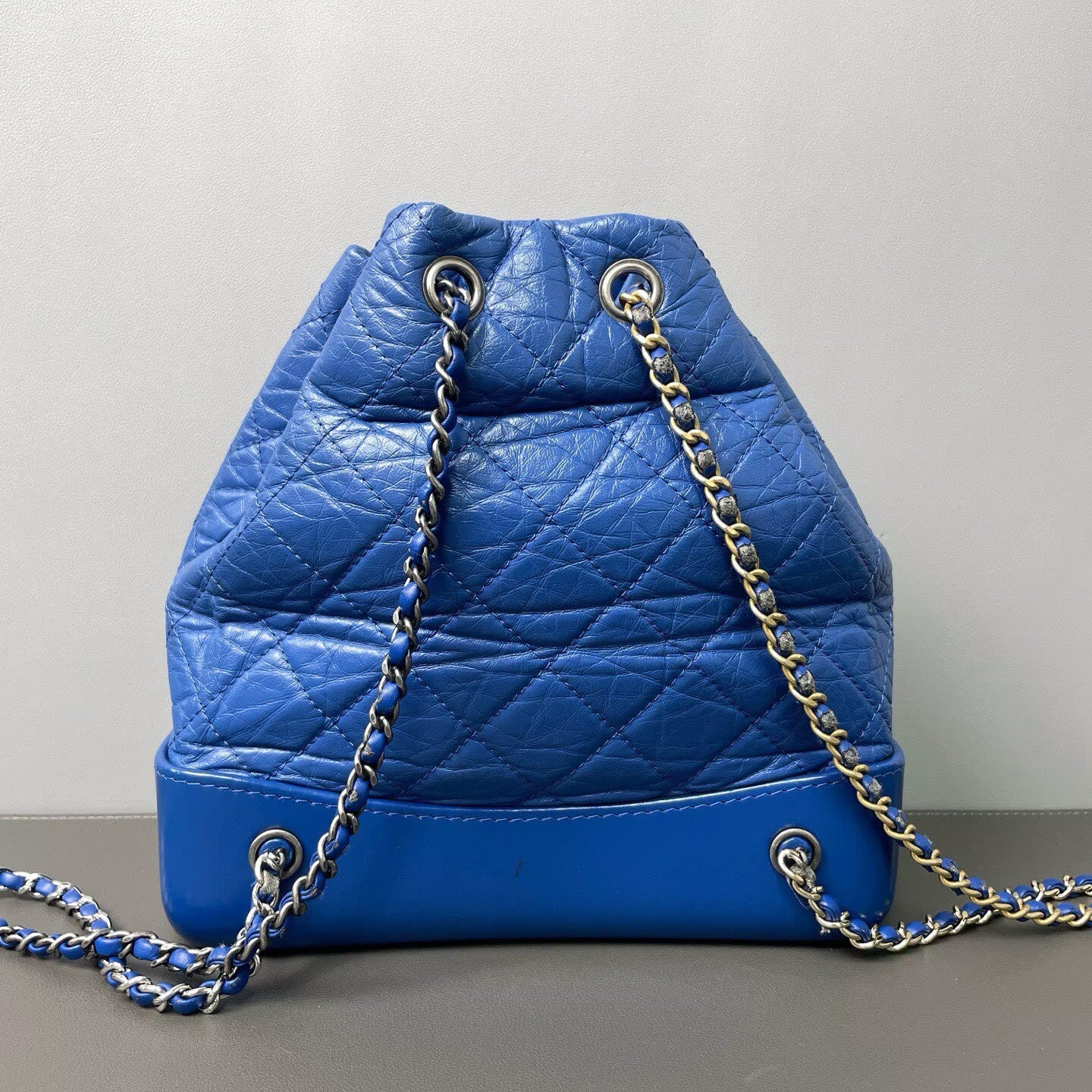 Chanel - Gabrielle Drawstring Backpack - Waxed leather with patent leather base - Blue - (Small)