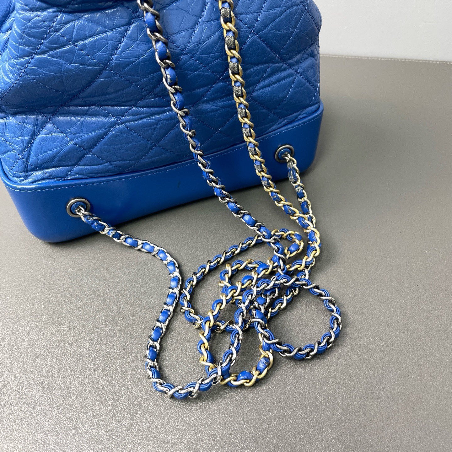 Chanel - Gabrielle Drawstring Backpack - Waxed leather with patent leather base - Blue - (Small)