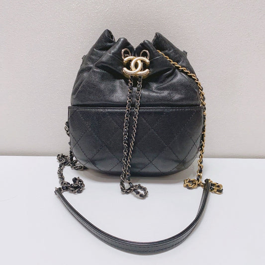 Chanel - Gabrielle Drawstring Bucket Bag - Aged calfskin leather - Black - (mini)