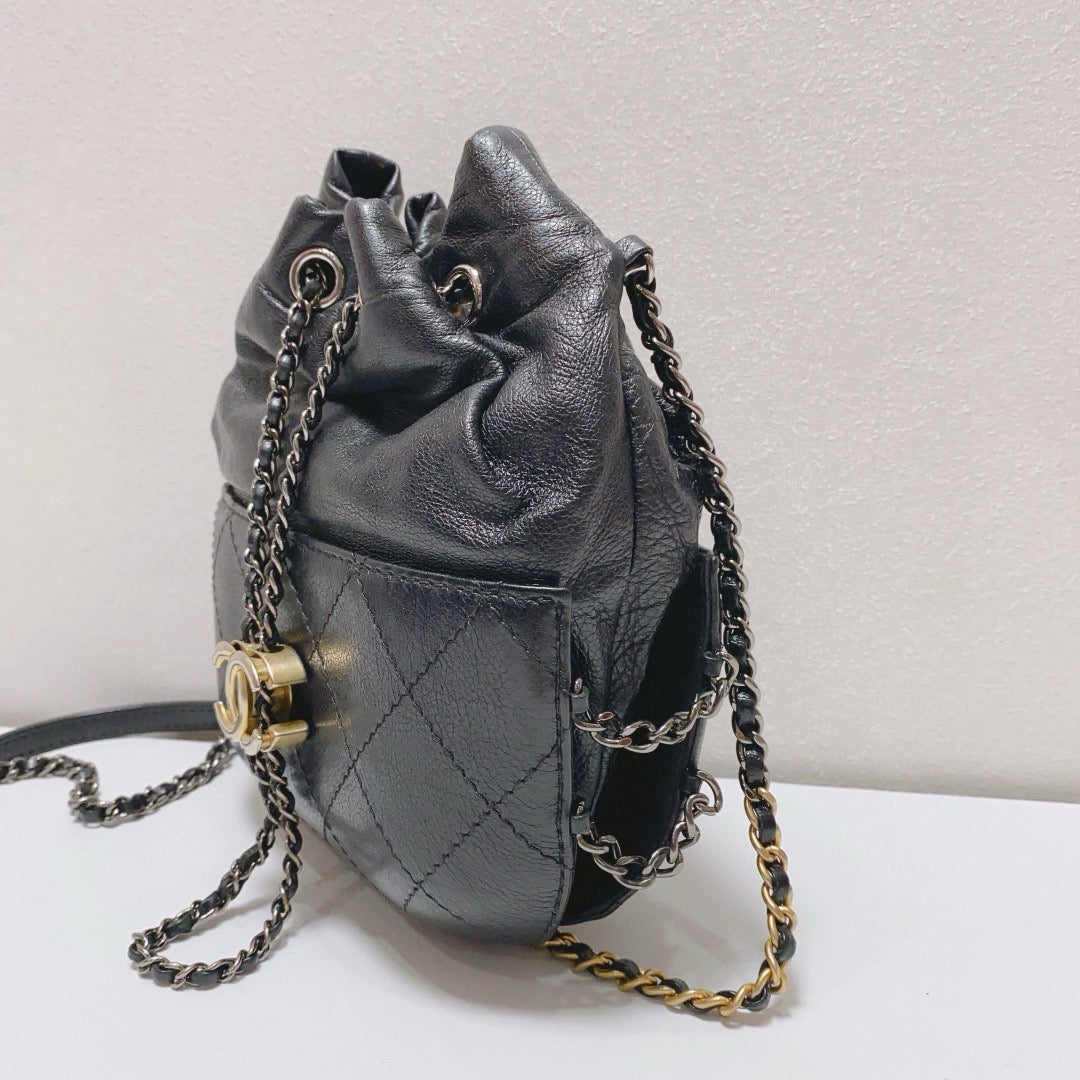 Chanel - Gabrielle Drawstring Bucket Bag - Aged calfskin leather - Black - (mini)