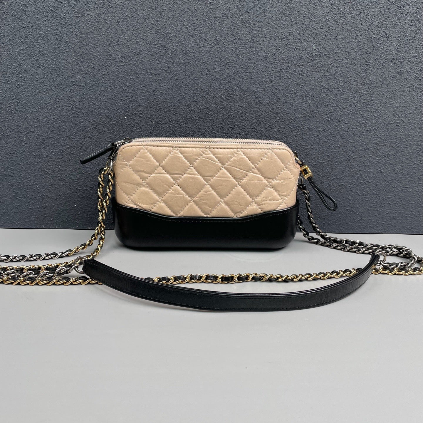 Chanel - Gabrielle Mini Hobo Bag - Aged calfskin leather and smooth calfskin leather - Beige with Black trim and mixed-tone hardware - (mini)