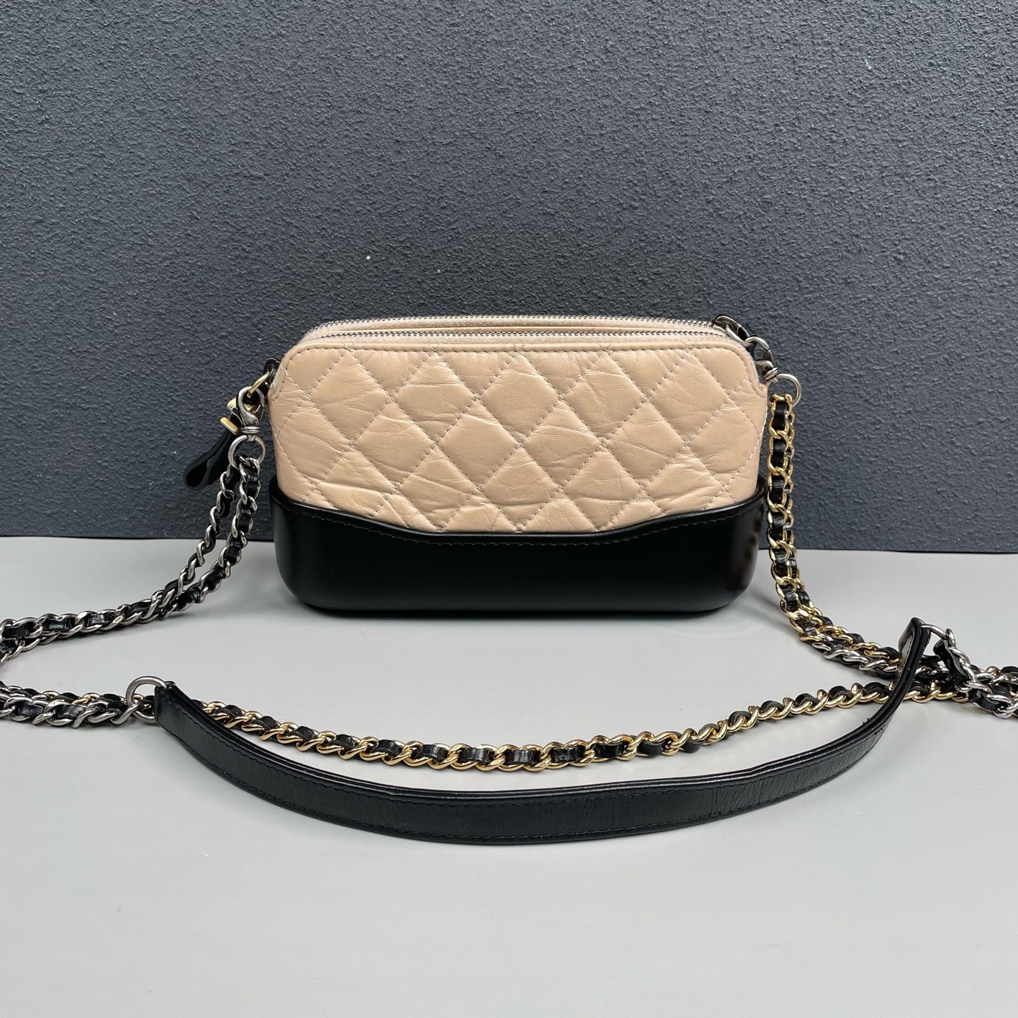 Chanel - Gabrielle Mini Hobo Bag - Aged calfskin leather and smooth calfskin leather - Beige with Black trim and mixed-tone hardware - (mini)