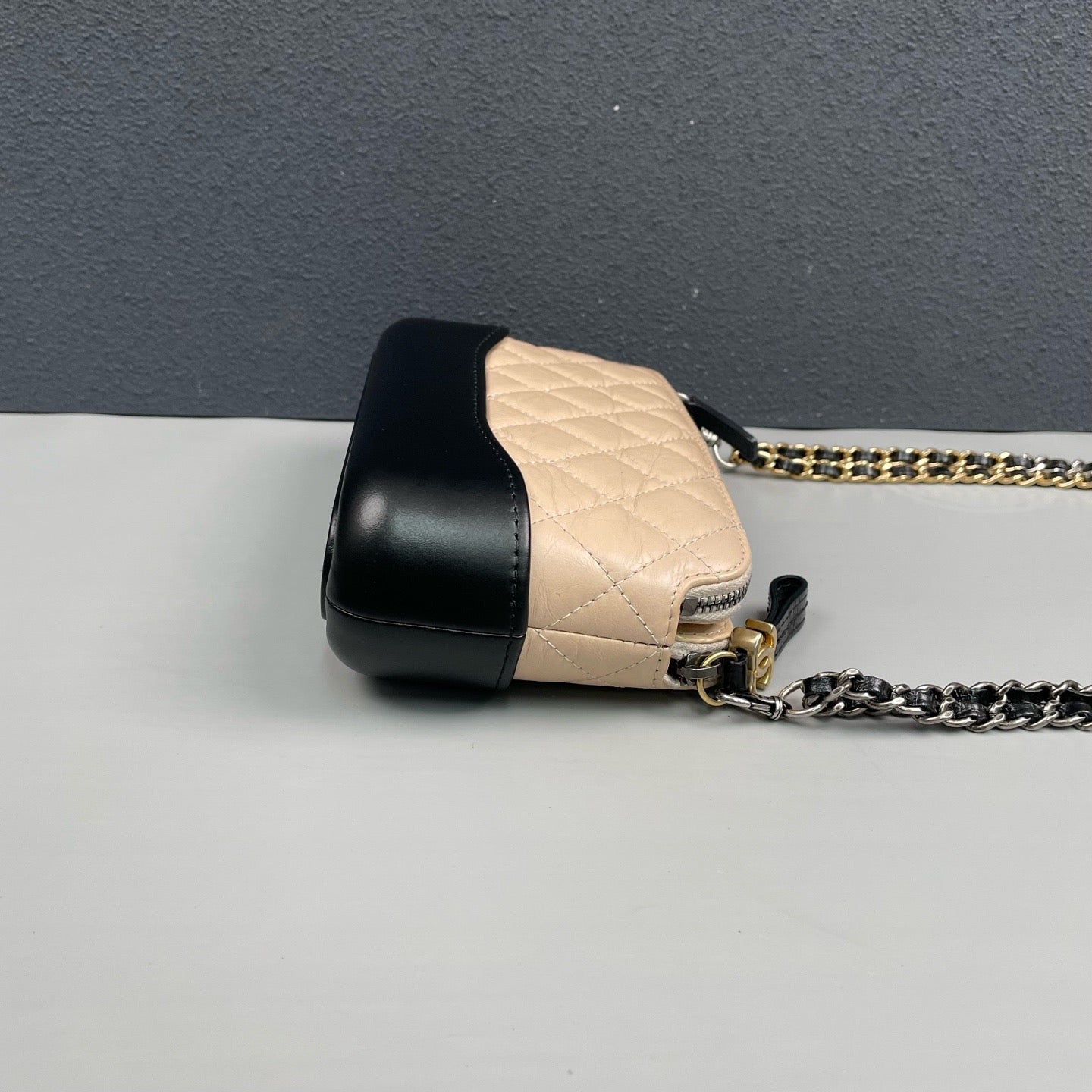 Chanel - Gabrielle Mini Hobo Bag - Aged calfskin leather and smooth calfskin leather - Beige with Black trim and mixed-tone hardware - (mini)