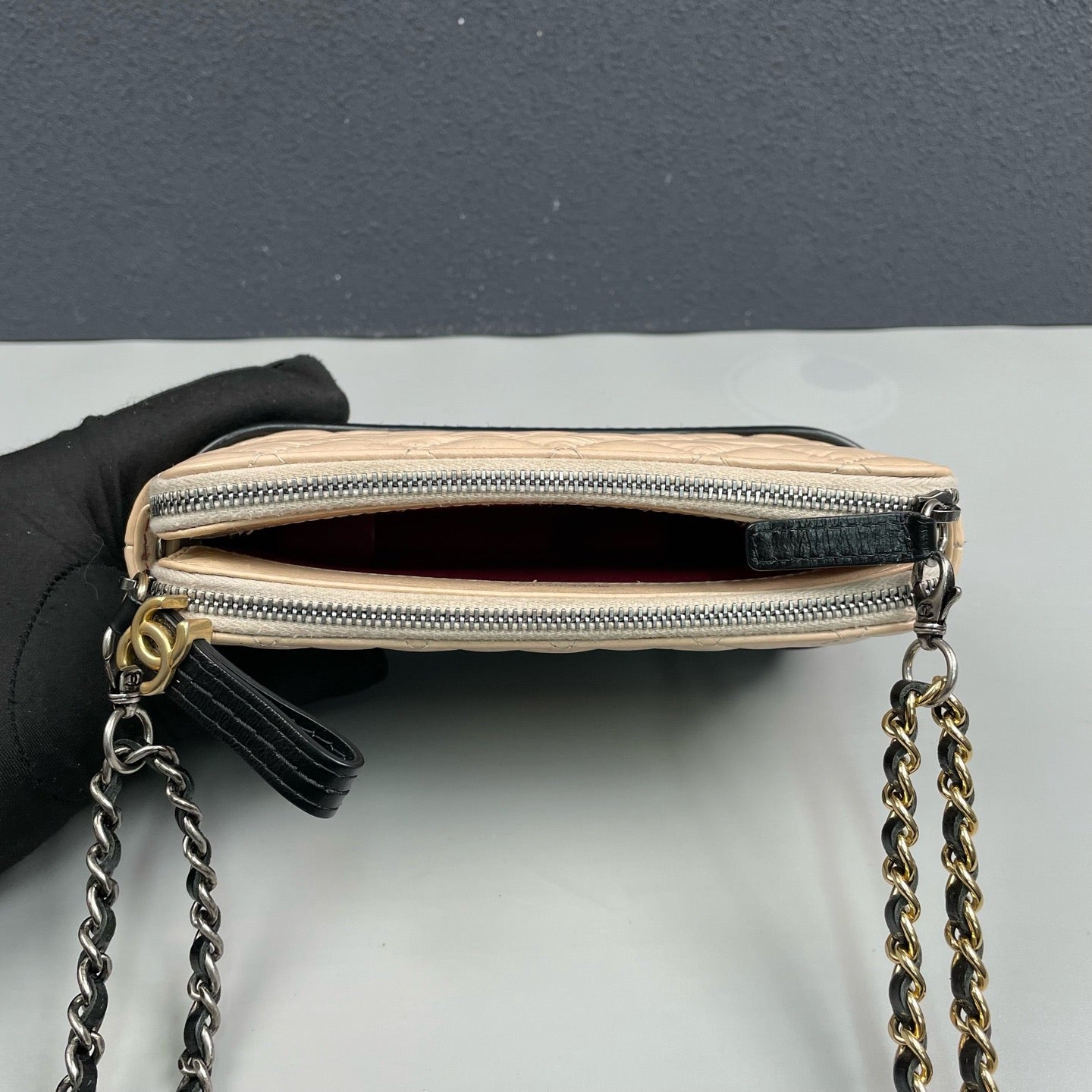 Chanel - Gabrielle Mini Hobo Bag - Aged calfskin leather and smooth calfskin leather - Beige with Black trim and mixed-tone hardware - (mini)