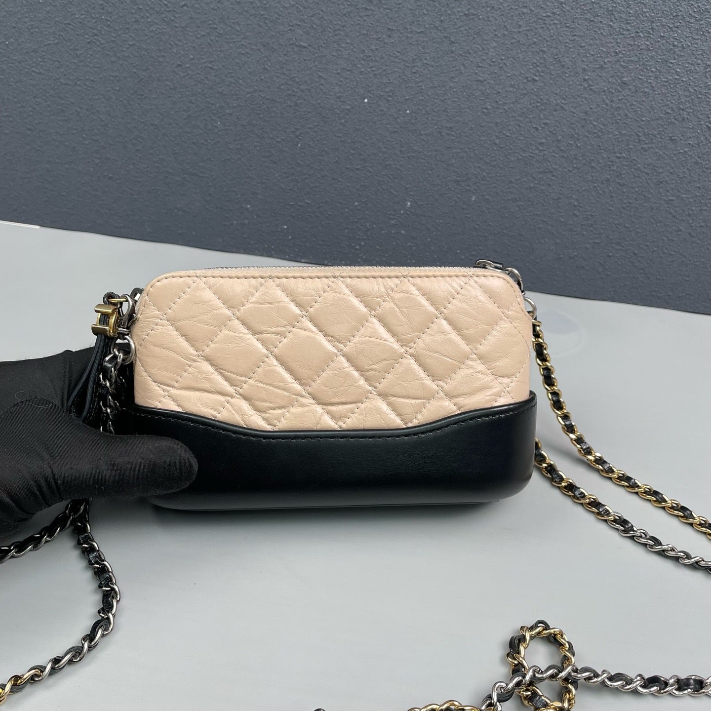 Chanel - Gabrielle Mini Hobo Bag - Aged calfskin leather and smooth calfskin leather - Beige with Black trim and mixed-tone hardware - (mini)