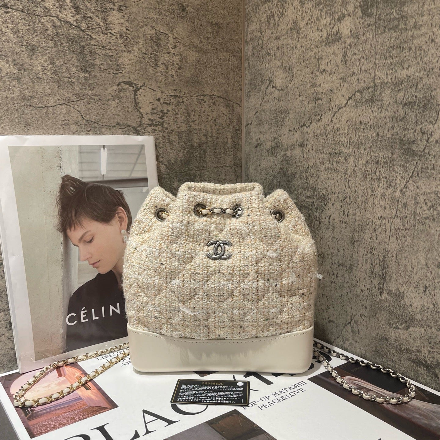 Chanel - Gabrielle Mixed Metal Chain Backpack - Tweed and Calfskin Leather - Milky Yellow (Beige) with Mixed Metal Hardware - (Small)