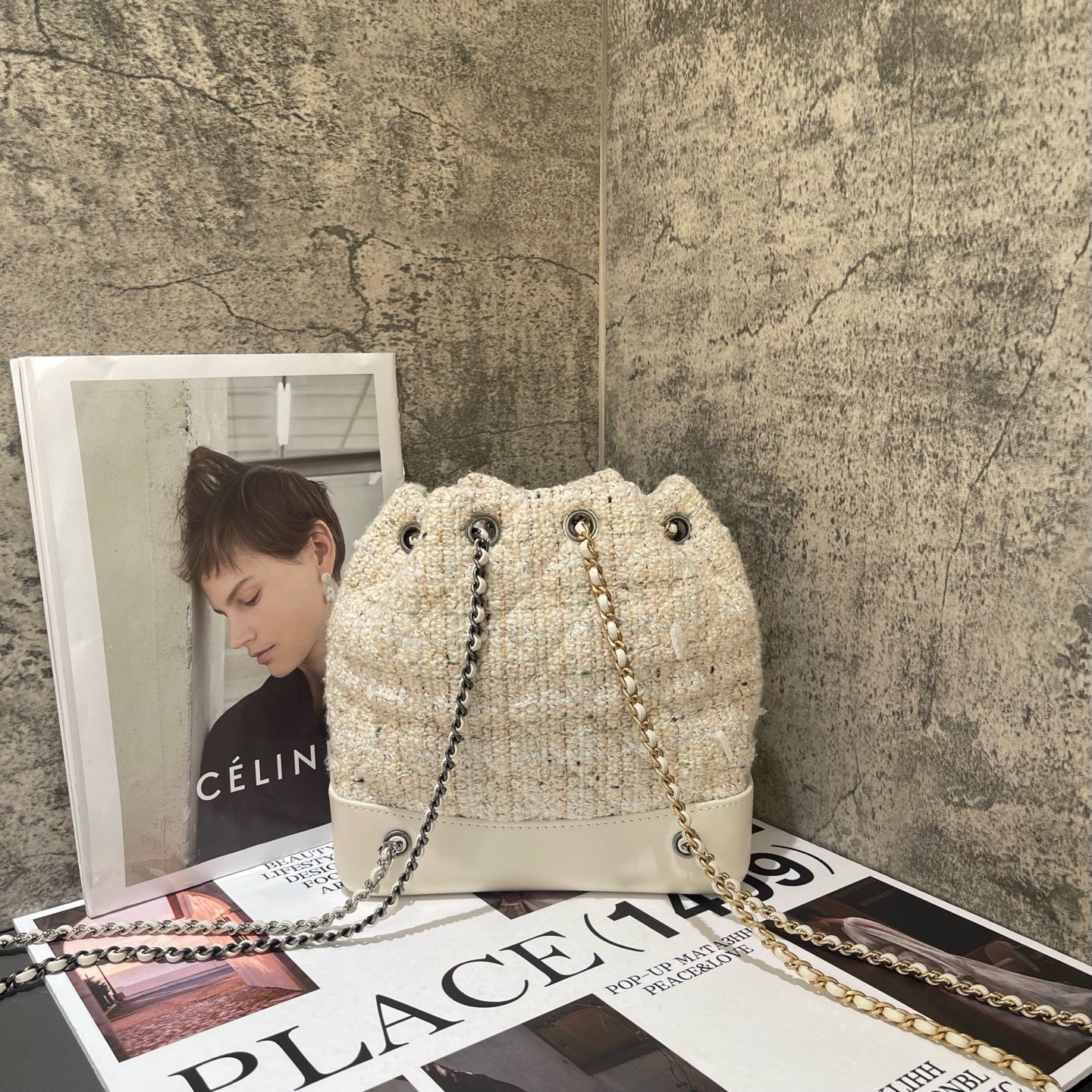 Chanel - Gabrielle Mixed Metal Chain Backpack - Tweed and Calfskin Leather - Milky Yellow (Beige) with Mixed Metal Hardware - (Small)