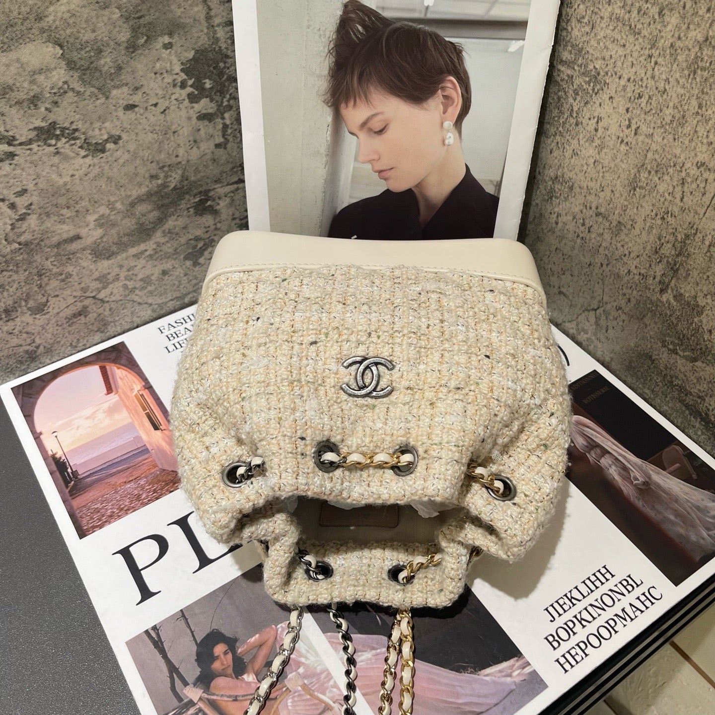 Chanel - Gabrielle Mixed Metal Chain Backpack - Tweed and Calfskin Leather - Milky Yellow (Beige) with Mixed Metal Hardware - (Small)