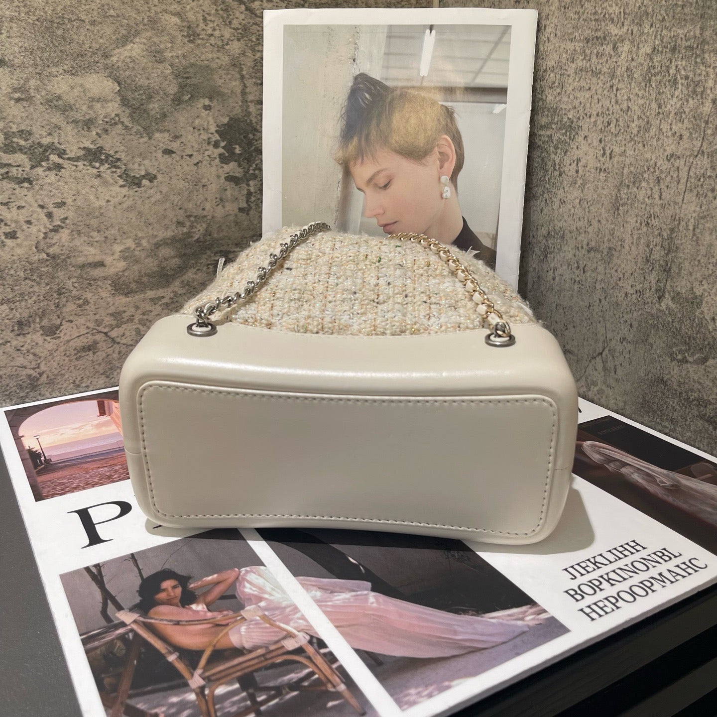Chanel - Gabrielle Mixed Metal Chain Backpack - Tweed and Calfskin Leather - Milky Yellow (Beige) with Mixed Metal Hardware - (Small)