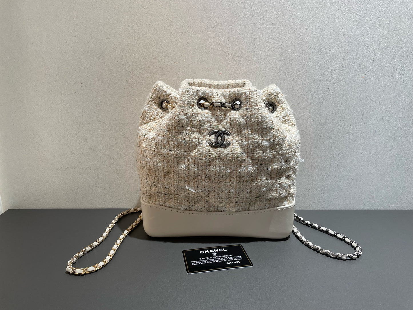 Chanel - Gabrielle Mixed Metal Chain Backpack - Tweed and Calfskin Leather - Milky Yellow (Beige) with Mixed Metal Hardware - (Small)