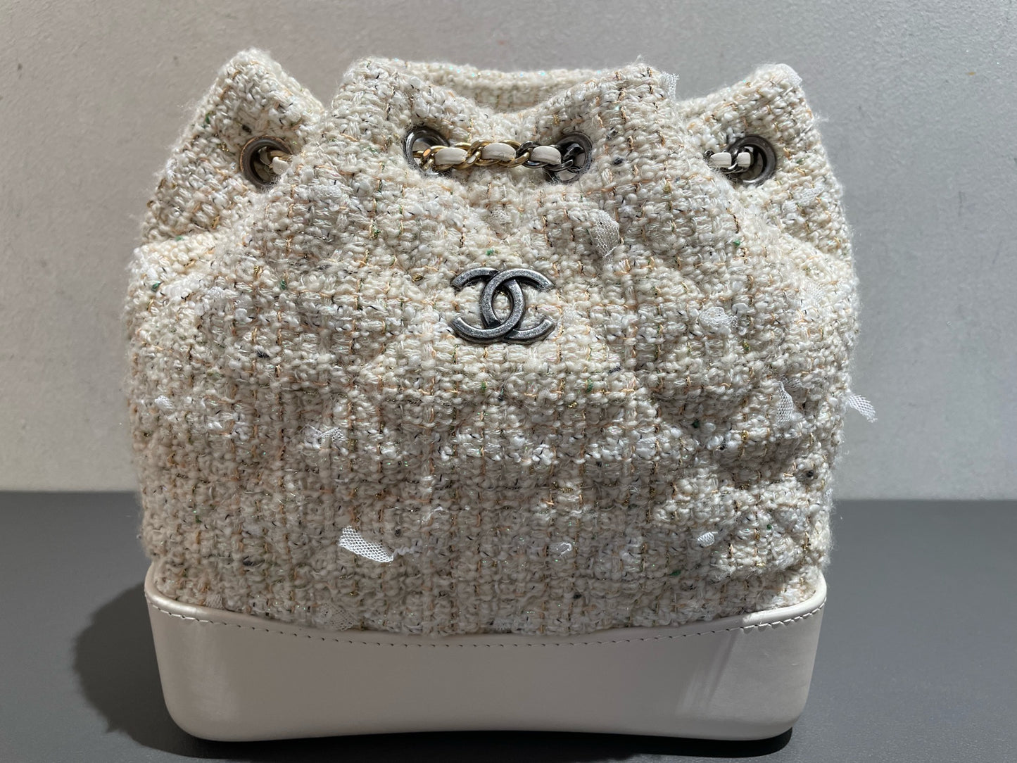 Chanel - Gabrielle Mixed Metal Chain Backpack - Tweed and Calfskin Leather - Milky Yellow (Beige) with Mixed Metal Hardware - (Small)