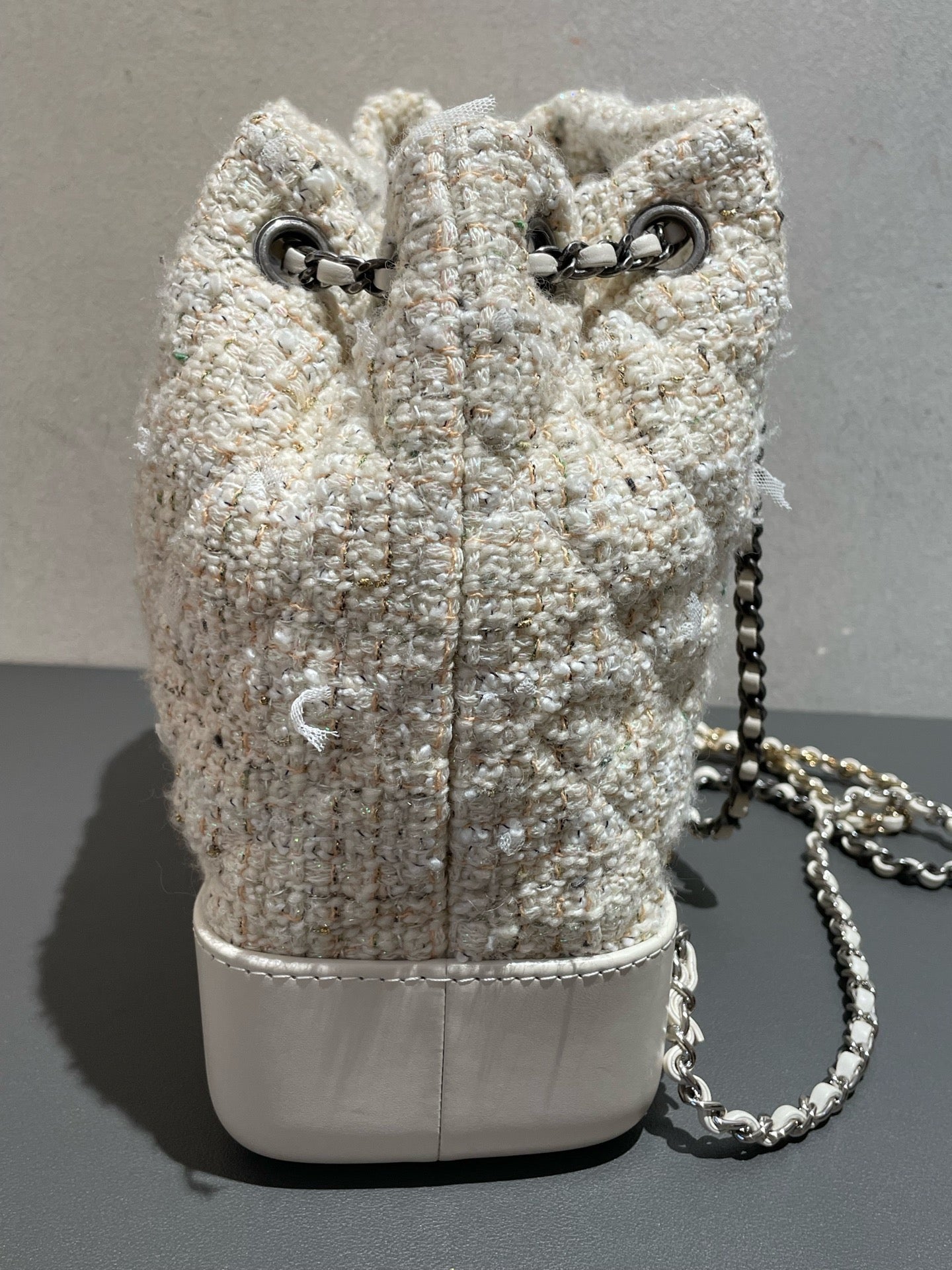 Chanel - Gabrielle Mixed Metal Chain Backpack - Tweed and Calfskin Leather - Milky Yellow (Beige) with Mixed Metal Hardware - (Small)