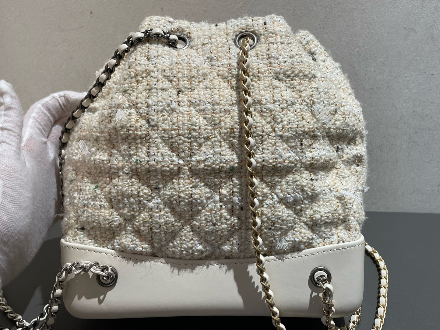 Chanel - Gabrielle Mixed Metal Chain Backpack - Tweed and Calfskin Leather - Milky Yellow (Beige) with Mixed Metal Hardware - (Small)