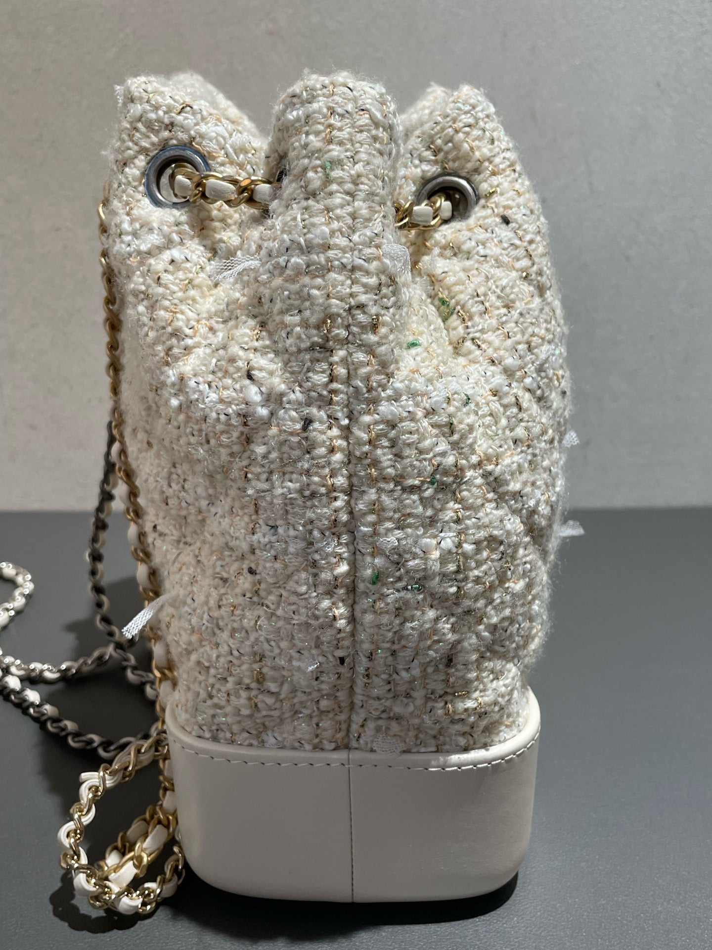 Chanel - Gabrielle Mixed Metal Chain Backpack - Tweed and Calfskin Leather - Milky Yellow (Beige) with Mixed Metal Hardware - (Small)